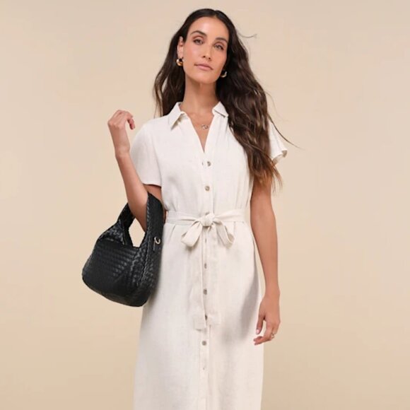 Lulus Italian Summer Beige Linen Midi Dress Size M NWT - Picture 1 of 6